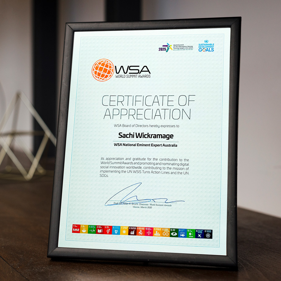 un wsis un sdgs certificate of appreciation for sachi wickramage world summit awards national expert australia