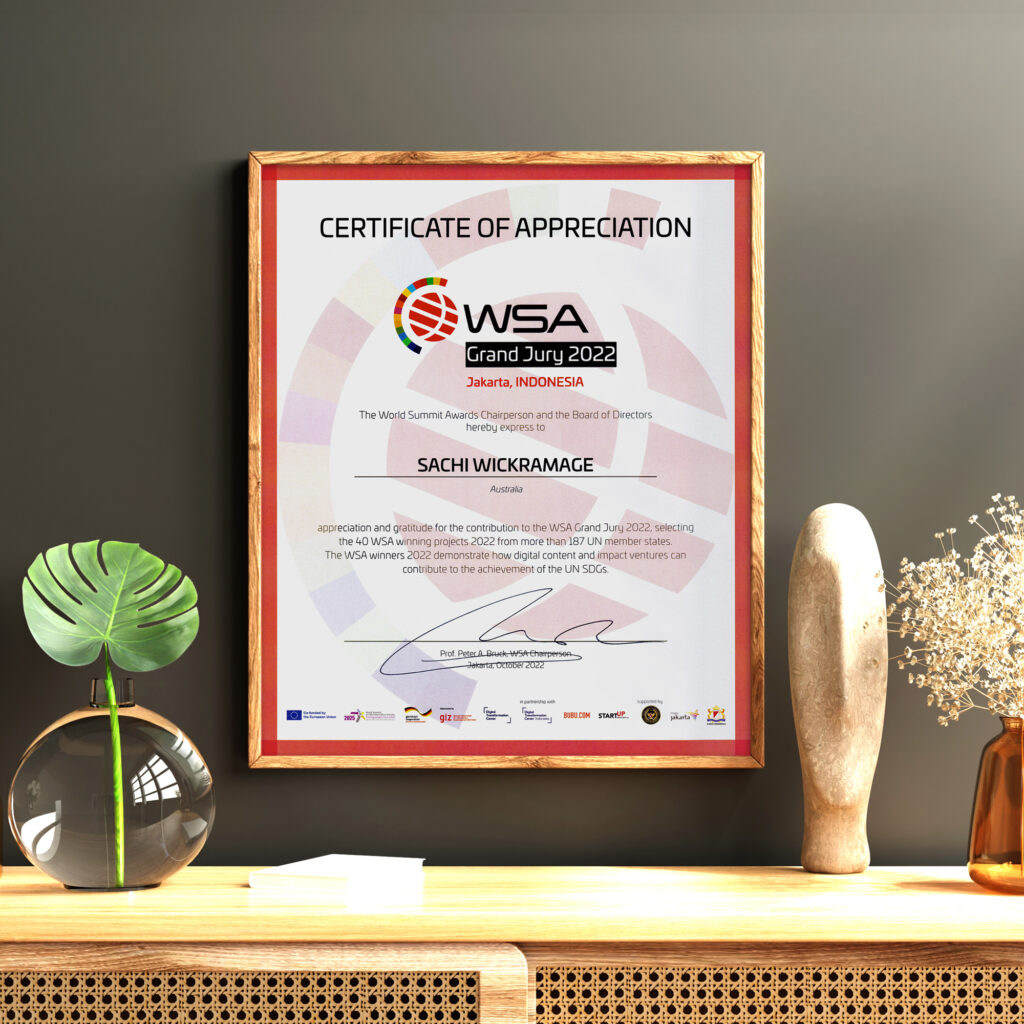united nations sdgs certificate of appreciation for sachi wickramage wsa grand jury member wsa national expert